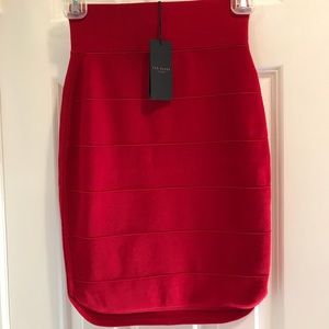 Ted Baker Tubular Detail Dip Hem Skirt Red
